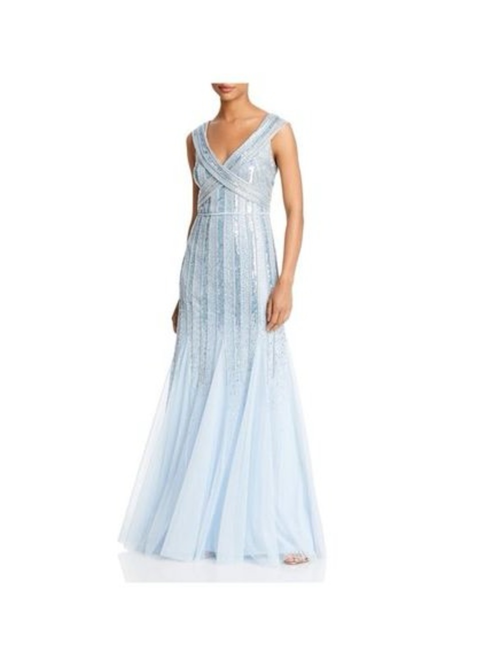 Light Blue Embellished V-Neck Evening Gown
